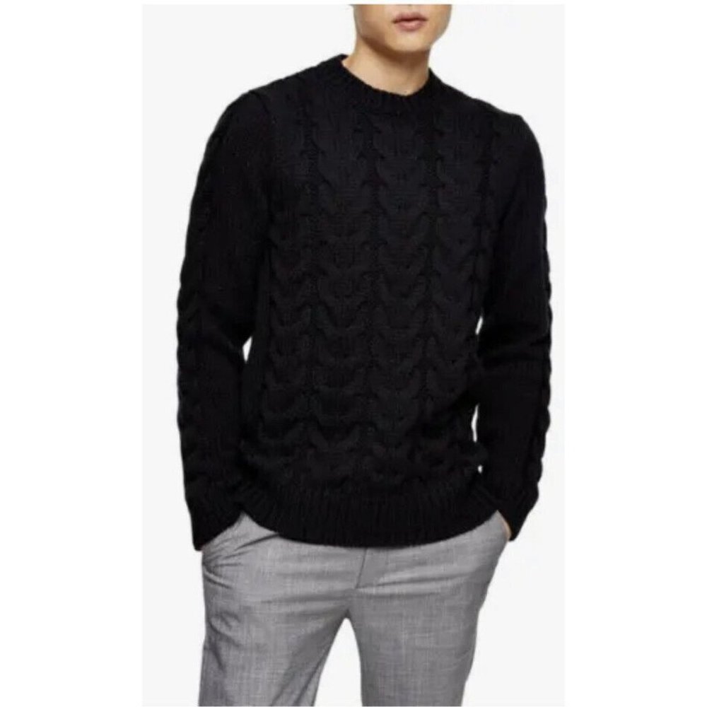 Topman Mens Cable-Knit Sweater Black‎ Pullover Crew Neck Size Medium